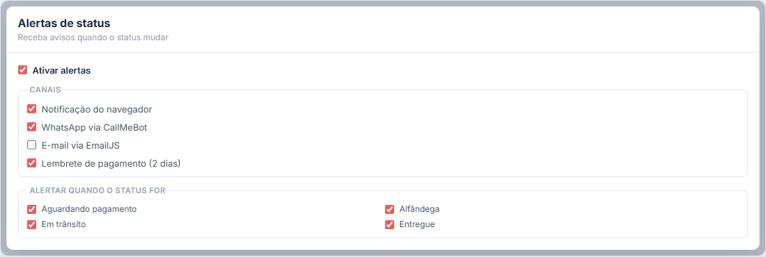 Configuração de alertas WhatsApp e e-mail